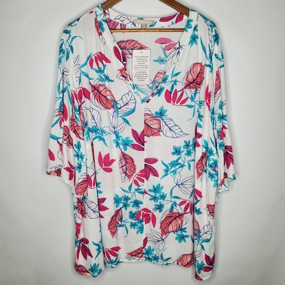 Woman Within Womens Colorful Floral Tunic Top 2X Bell Sleeve V Neck Beach Summer - Picture 1 of 11